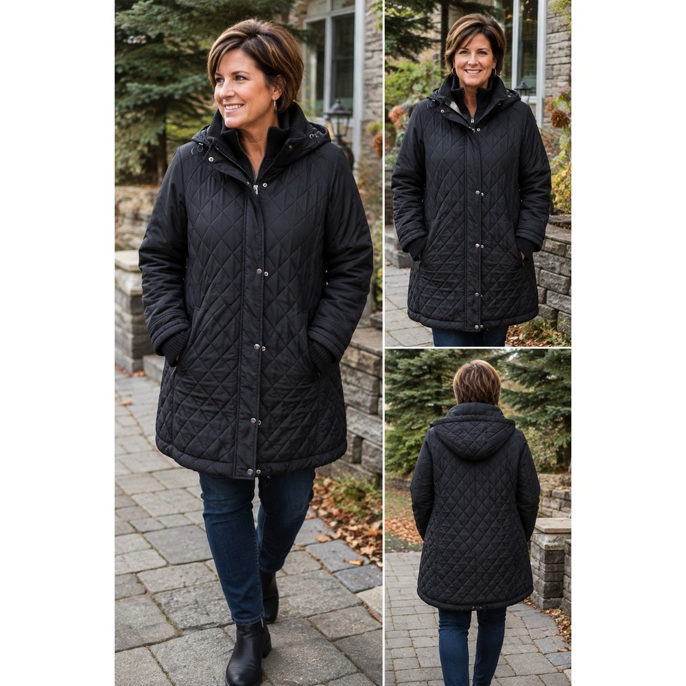 Gallery Woman 1X Black Quilted Hooded Coat Longline Plus Size Winter Jacket